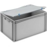 Stabile Aufbewahrungsbox mit fest montiertem Scharnierdeckel, lebensmittelecht, stapelbare Eurobox 60x40x33 cm.