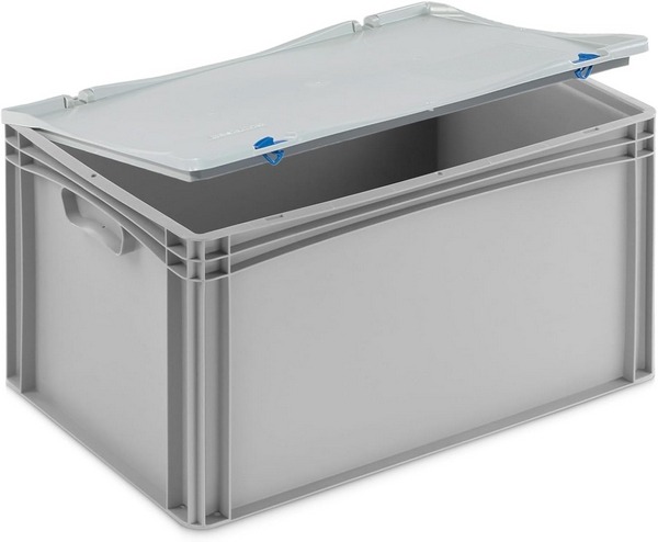Stabile Aufbewahrungsbox mit fest montiertem Scharnierdeckel, lebensmittelecht, stapelbare Eurobox 60x40x33 cm.