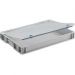 Stabile Aufbewahrungsbox mit fest montiertem Scharnierdeckel, lebensmittelecht, stapelbare Eurobox 60x40x8 cm.