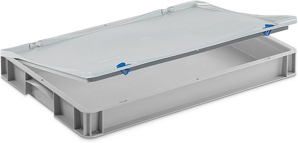 Stabile Aufbewahrungsbox mit fest montiertem Scharnierdeckel, lebensmittelecht, stapelbare Eurobox 60x40x8 cm.