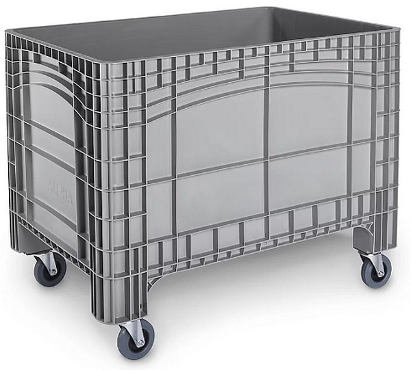 Transport-und Stapelbehälter Noah, ohne Deckel, Boden & Wände geschlossen, Volumen 535 l, Traglast bis 300 kg, Lenk- & Bockrollen, B 1200 x T 800 x H 950 mm, lebensmittelechtes Polyethylen, grau.