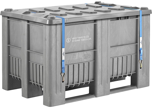 kaiserkraft Gefahrgut-Palettenbox, UN-Zulassung nach 4H2, Rammschutz, Inkl. Deckel und Spanngurte, 1200 x 800 x 740 mm, 470 Liter, grau.