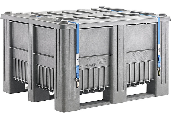 kaiserkraft Gefahrgut-Palettenbox, UN-Zulassung nach 4H2, Rammschutz, Inkl. Deckel und Spanngurte, 1200 x 1000 x 740 mm, 610 Liter, grau.