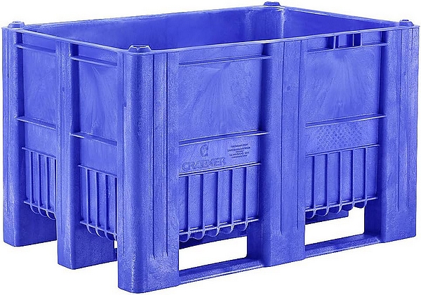 kaiserkraft Palettenbox 1200 x 800 x 760 mm, Volumen 470 Liter, lebensmittelecht, Einstückig-gespritzte HDPE-Konstruktion, 3 Kufen, blau.