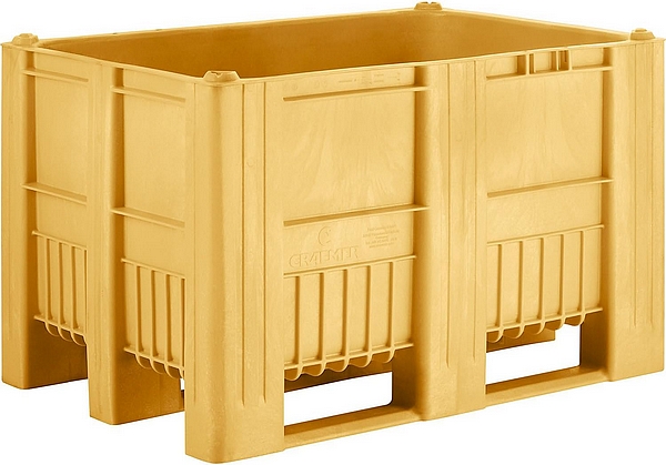 kaiserkraft Palettenbox 1200 x 800 x 760 mm, Volumen 470 Liter, lebensmittelecht, Einstückig-gespritzte HDPE-Konstruktion, 3 Kufen,gelb