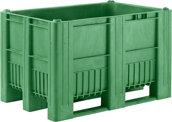 kaiserkraft Palettenbox 1200 x 800 x 760 mm, Volumen 470 Liter, lebensmittelecht, Einstückig-gespritzte HDPE-Konstruktion, 3 Kufen, grün.
