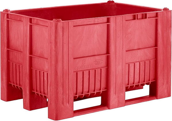 kaiserkraft Palettenbox 1200 x 800 x 760 mm, Volumen 470 Liter, lebensmittelecht, Einstückig-gespritzte HDPE-Konstruktion, 3 Kufen, rot.