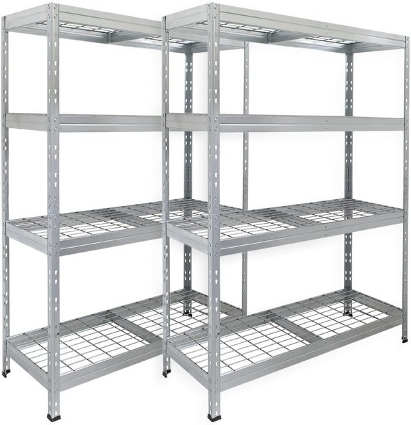 2er-Set Rivet Schwerlastregal mit Stahlgitter-Boden 180x120x45cm(HxBxT),  250 kg pro Boden,  verzinkt, Stecksystem, schneller Aufbau ohne Werkzeug.