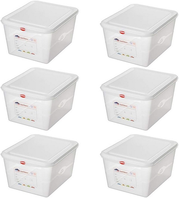 6x Gastronorm-Behälter GN 1/2 mit Deckel, 12,5 Liter,  für kalte und heiße Lebensmittel. Lebensmittelbehälter in Gastronomiequalität. Mit Farbcodiersystem für leichtes Erkennen des Inhaltes (Fisch, Geflügel, Obst, Fleisch).