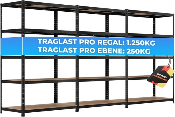 ALL Premium - Set mit 3 Schwerlastregalen 180 x 120 x 60 cm mit 5 Böden -Traglast 1250 kg je Regal.