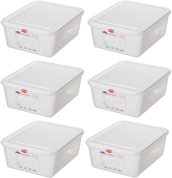 BRB-Spar-Set -  6x Lebensmittelbehälter GN1/2 mit Deckel, Gastronomiequalität, LxBxH 325x265x150 mm, Inhalt 10 Liter. Kältebeständig bis -40°C, hitzebeständig bis +100°C.