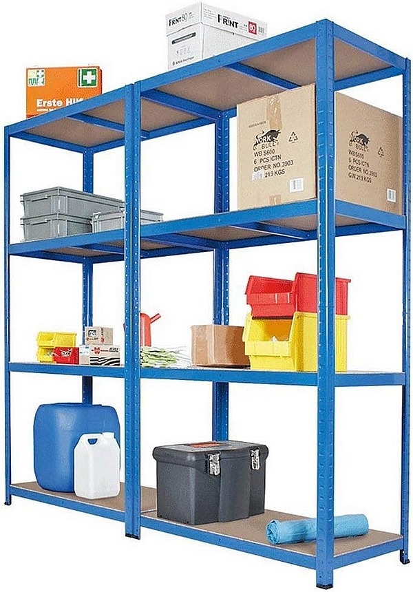 BRB-Spar-Angebot: Komplettregal / Schwerlastregal, bestehend aus 2 Einzel-Regalen - Stecksystem, 2 x 4 Böden, Tragkraft je Boden 265 kg, HxBxT 1800x1800x500 mm.