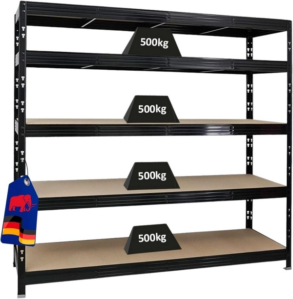 PROREGAL Profi Schwerlastregal Rhino BREIT schwarz - HxBxT 180x200x60cm - Fachlast 500kg  - 5 Spanplatten-Ebenen.
