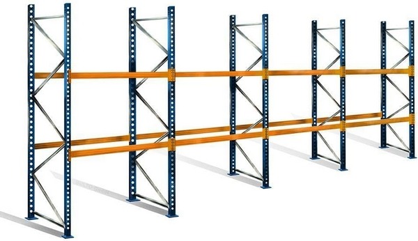 Palettenregal mit 3 Ebenen, 4 m Höhe, 11,2 m Breite - Ideal zur Lagerung von palettierter Ware, Flachpaletten oder Gitterboxen - für 36 Europaletten à 500 kg. 