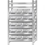 BRB Schüttgutregal, 5 Ebenen, 20 Schüttfächer, 2 Fachböden, glanzverzinkt, BxTxH 1290x525x2500 mm. Ideal für die effiziente Bevorratung von Kleinteilen wie Rohrbögen, Muffen, Rollen und ähnlichem.