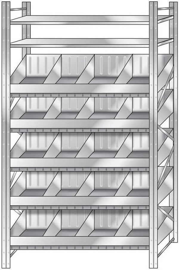 BRB Schüttgutregal, 5 Ebenen, 20 Schüttfächer, 2 Fachböden, glanzverzinkt, BxTxH 1290x525x2500 mm. Ideal für die effiziente Bevorratung von Kleinteilen wie Rohrbögen, Muffen, Rollen und ähnlichem.
