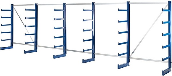 eurokraft Kragarmregal mit identischer Kragarm-Länge, BxTxH  6750 x 800 x 2000 mm, 6 Ebenen inkl. Fußebene. Fußebene ungebrenzt belastbar.