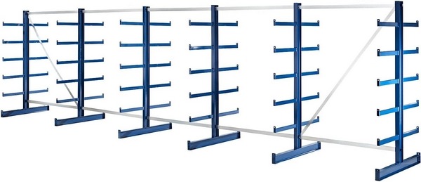 eurokraft zweiseitiges Kragarmregal mit identischer Kragarm-Länge, BxTxH  6750 x 1200 x 2000 mm, 6 Ebenen inkl. Fußebene. Fußebene ungebrenzt belastbar.