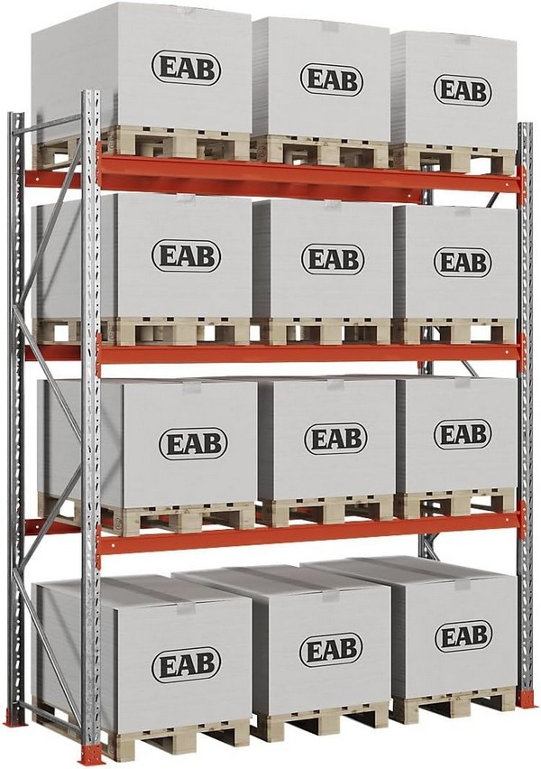 kaiserkraft Palettenregal Space, Fachlast 1650 kg, 4 Ebenen inkl. Bodenebene, Platz für bis zu 12 Europaletten, verzinkt/orange, HxBxT 3500 x 2930 x 1100 mm.