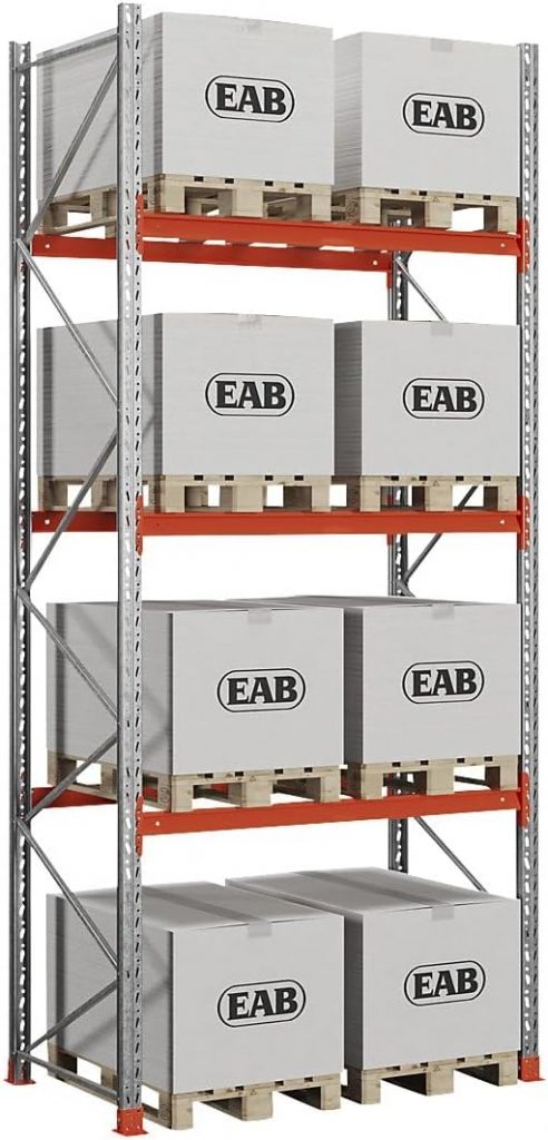 kaiserkraft Palettenregal Space, Fachlast 2000 kg, 4 Ebenen inkl. Bodenebene, Platz für bis zu 8 Europaletten, verzinkt/orange, HxBxT 4500 x 2030 x 1100 mm.