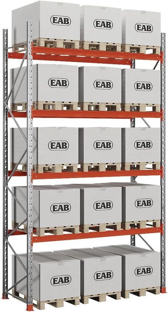 kaiserkraft Palettenregal Space, Fachlast 3000 kg, 5 Ebenen inkl. Bodenebene, Platz für bis zu 15 Europaletten, verzinkt/orange, HxBxT 5000 x 2930 x 1100 mm.